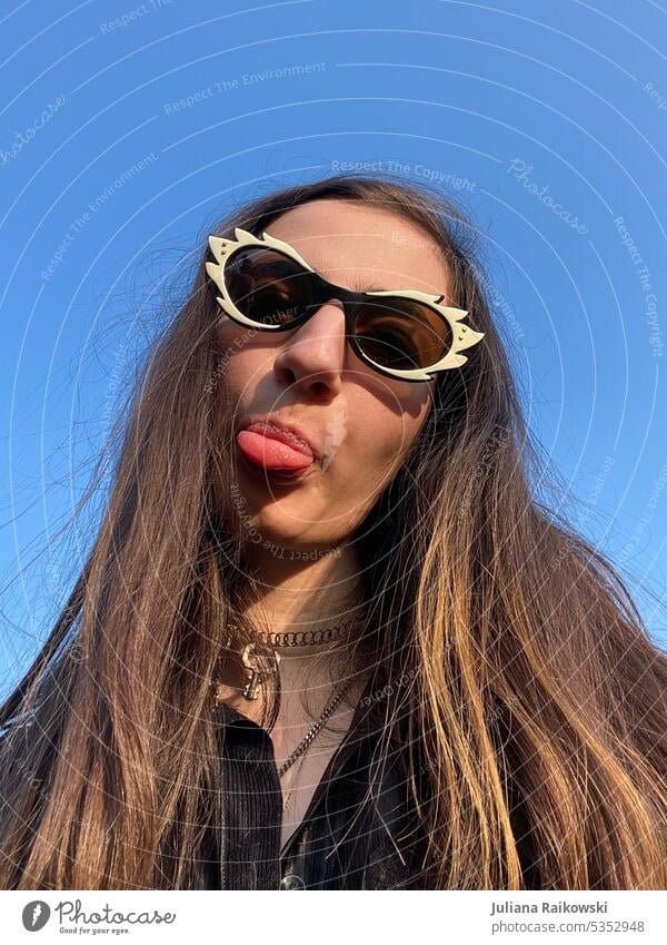 Selfie with crazy sunglasses Woman Human being Adults portrait Lifestyle pretty Girl Happiness 18 - 30 years Strand of hair Style Authentic Long-haired