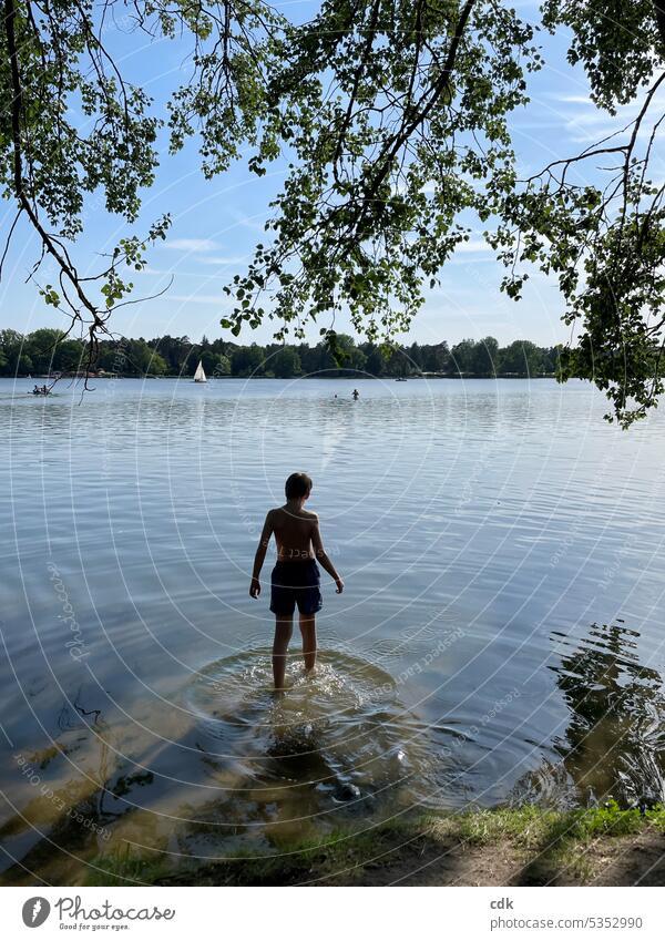 Childhood & Adolescence | Summer at last! | a boy goes swimming in the lake. Boy (child) younger Infancy youthful Lake bathe be afloat Swimming & Bathing