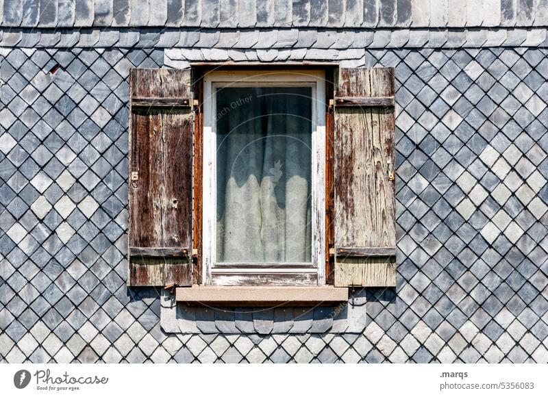 windows Structures and shapes Old Window Pattern Wood Decline Abrasion Transience Weathered Facade dwell house wall Close-up shingles Gray Shutter Redecorate