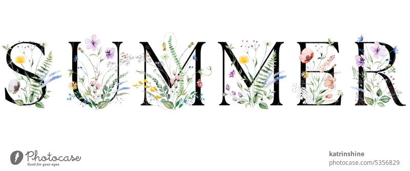 Word SUMMER made with black letters, watercolor wildflowers and leaves, isolated element Birthday Botanical Drawing Element Garden Hand drawn Holiday Isolated