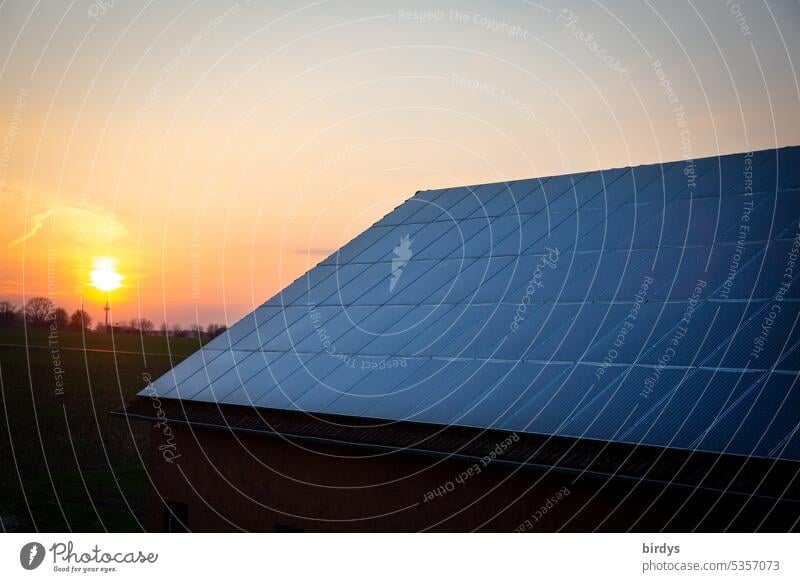 Photovoltaic system at sunset at dusk photovoltaics photovoltaic system Renewable energy Climate protection Twilight Sunset Back-light Solar Energy