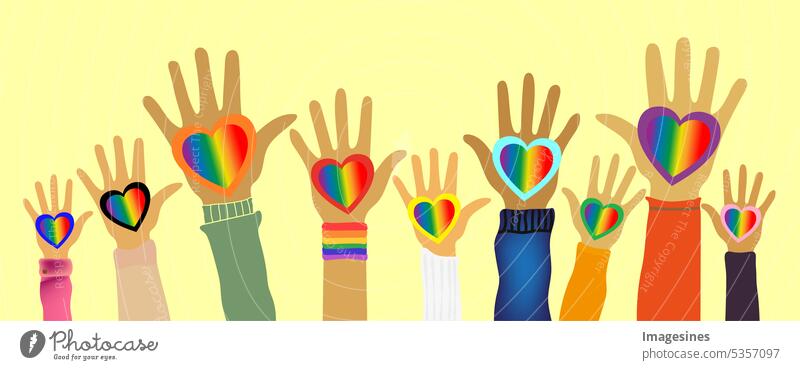 Pride Month. Menschen heben die Hände. Hände halten LGBT-Regenbogenfahne in Form eines Herzens. Flache illustration des Pride Month