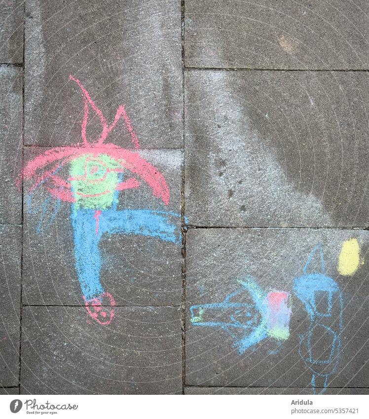 Monster dance | chalk drawings on sidewalk slabs Chalk Drawing off walkway slabs variegated Colour Child Infancy Painting (action, artwork) Dance Joy Smiling