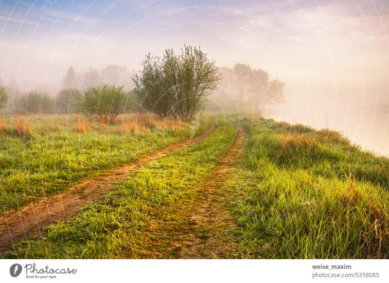 Landscape with sunrise over river. Morning beautiful clouds on sky. Water reflection scene. Rural dirt road on riverbank. Calm foggy weather. Green filed and meadow.