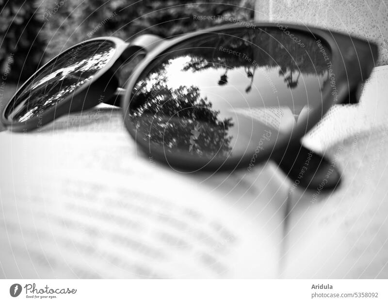 A pair of black glasses lies on an open book in the garden, the garden is reflected in the glasses b/w Eyeglasses Sunglasses Book Reading Garden reflection
