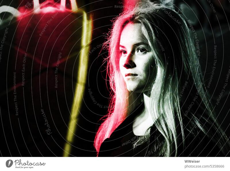 A pretty thoughtful young woman in black-red-gold Girl Young woman portrait Blonde Vicinity darkness Colour alienated graffiti Tunnel cautious Skeptical