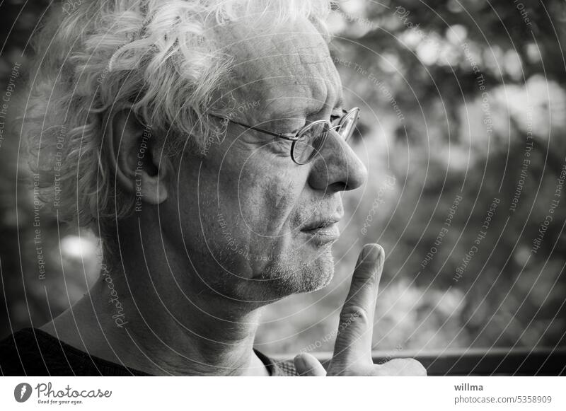 The ponderer Man Face portrait Profile White-haired Curl Eyeglasses Meditative Memory tell Forefinger Human being Head Authentic B/W Male senior Attractive