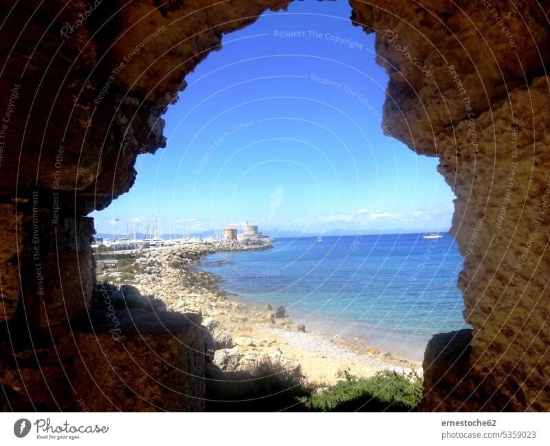 View from the old town of Rhodes city through the wall to the port Greece Tourism Vacation & Travel Water Exterior shot Summer vacation Blue Ocean Nature