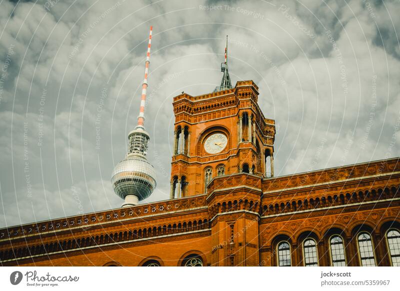 Red City Hall and TV Tower completely off the mark Rotes Rathaus Berlin Television tower Capital city Downtown Landmark Tourist Attraction Downtown Berlin Sky