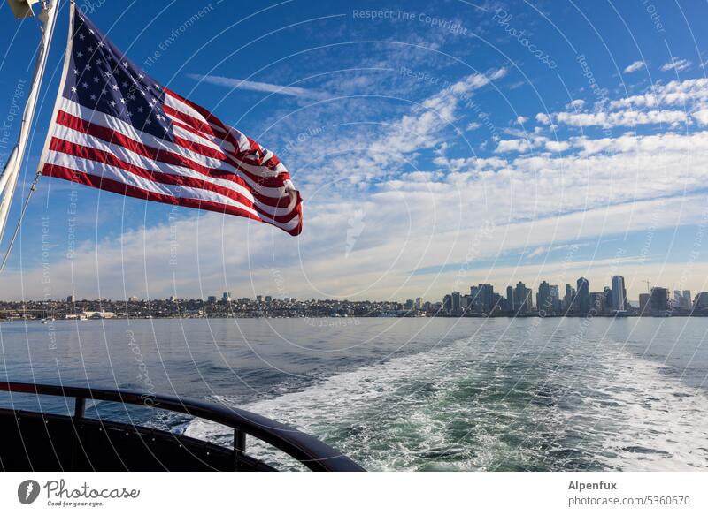 Good bye, America, how are ya? flag Ensign Patriotism USA united states of america Americas Sky Exterior shot American Flag Navigation Wake Stripe Blow