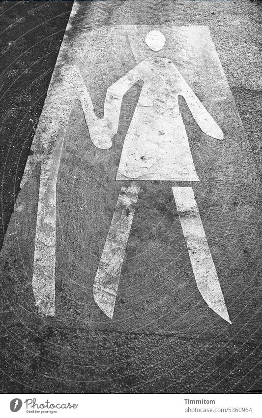 Everything changes mark Street Pedestrian symbol Sign Play street Asphalt Renewal corrupted Couple Attachment go further Deserted Black & white photo
