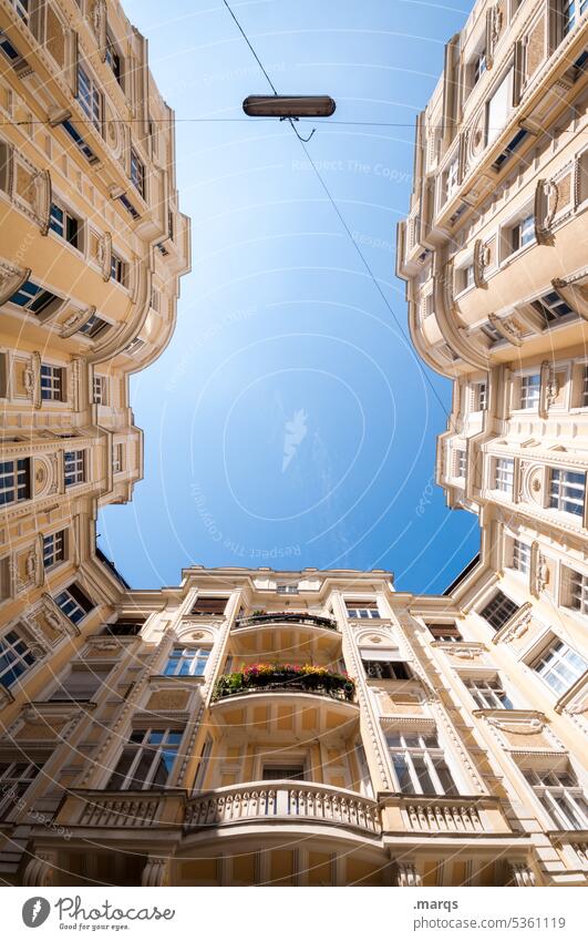 Frog Perspective | Vienna, 3rd district Worm's-eye view Ambitious Above Cloudless sky Beautiful weather House (Residential Structure) Symmetry
