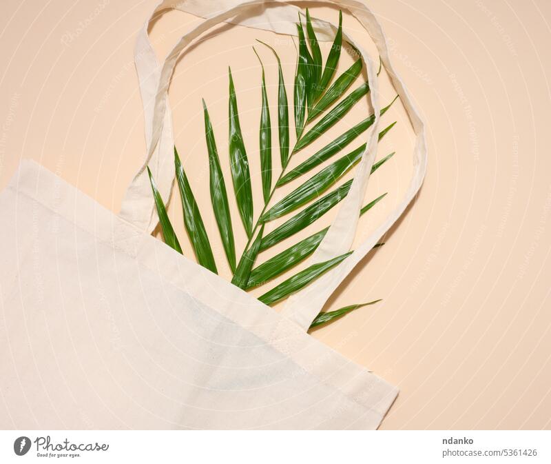 Empty textile bag and green palm leaf on beige background, top view shop empty environment fabric flat handbag blank branding canvas carry container cotton