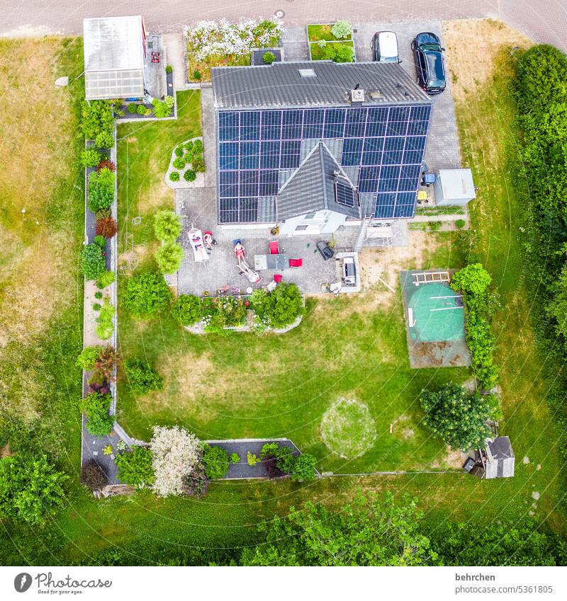 Solar energy House (Residential Structure) Roof Garden at home solar Solar Energy photovoltaics Solar Power Terrace from on high UAV view drone Bird's-eye view