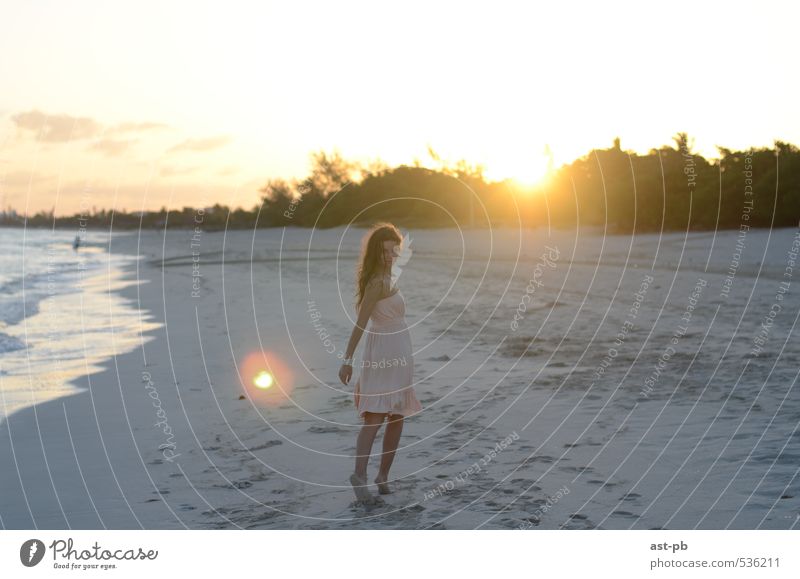 Come with me Feminine 1 Human being Sand Sun Sunrise Sunset Coast Ocean Dress Life calling go with me Colour photo Exterior shot Morning Light Looking