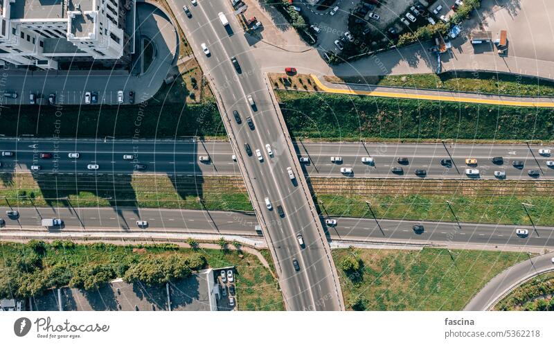 Drone looking down on a traffic jam on the highway from above Aerial photograph Traffic jam City Street cars Congestion urban Transport vehicles gridlock