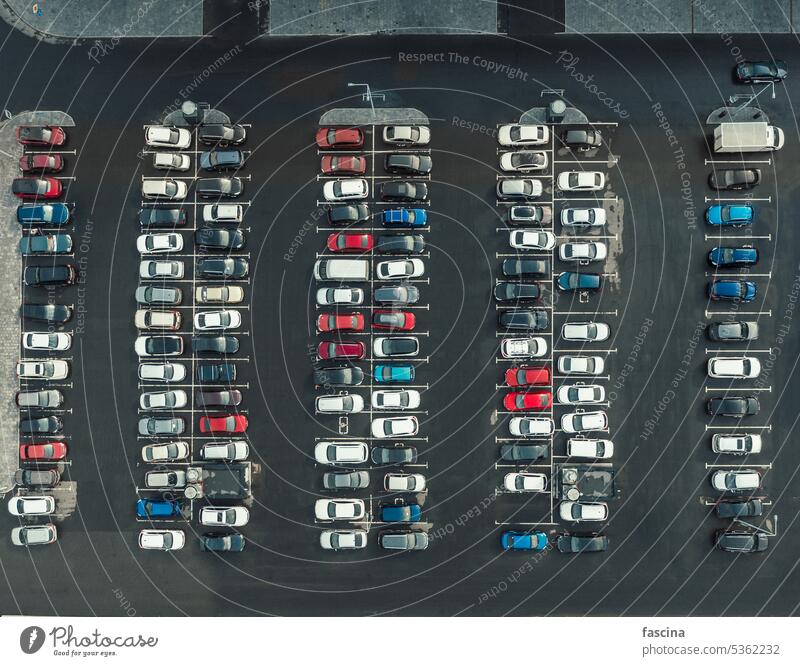 Drone top view of lot of cars parked on car park parking drone vehicle transport road above aerial line row automobile asphalt street urban city place