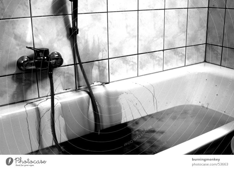 crime scene Bathroom Bathtub Red Criminality Shower (Installation) shower Blood Water wine black white Black & white photo