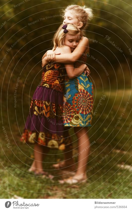 of sharing laughter and wiping tears Feminine Child Girl Brothers and sisters Sister Infancy 2 Human being 3 - 8 years Summer Grass Meadow Dress Blonde