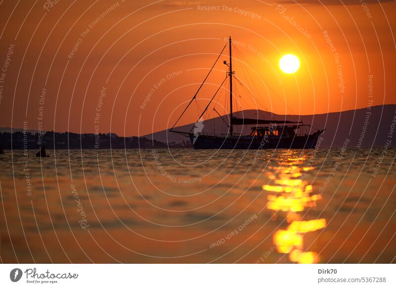 Sailboat in Mediterranean Sea in front of rising sun with coast in background, shot from frog perspective Sun Sunlight Sunrise Light Exterior shot Morning