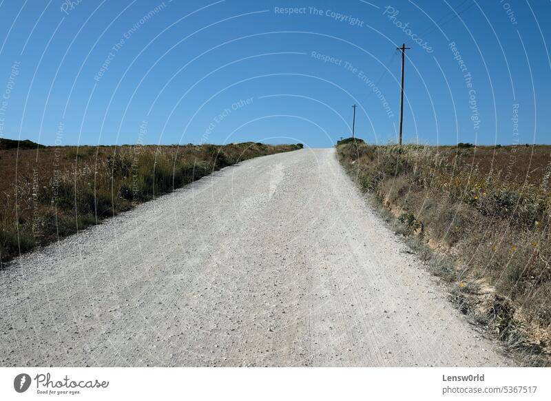 Empty road with a power line and some poles next to it in a rural area in Portugal scenery outdoor landscape country countryside nobody horizon dirt path desert