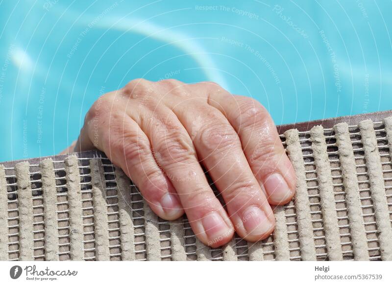 Mainfux-UT | Hand of a woman at the edge of the pool Fingers Women`s hand stop To hold on Colour photo Close-up Exterior shot Skin Fingernail Human being