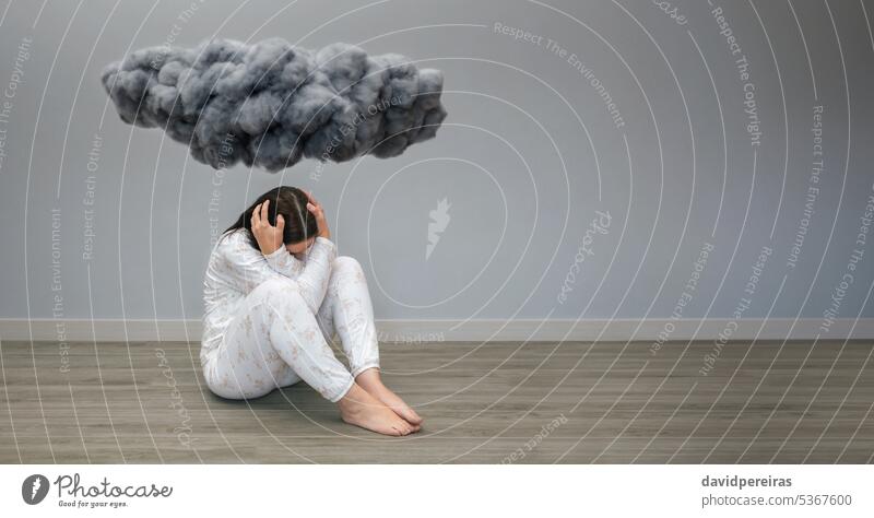 Unrecognizable woman with mental disorder and suicidal thoughts under a dark storm cloud unrecognizable suicide female health problem panorama banner web