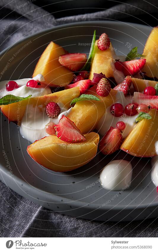 peaches with strawberries and natural yogurt fruits dessert summer delicious tasty lunch cafe