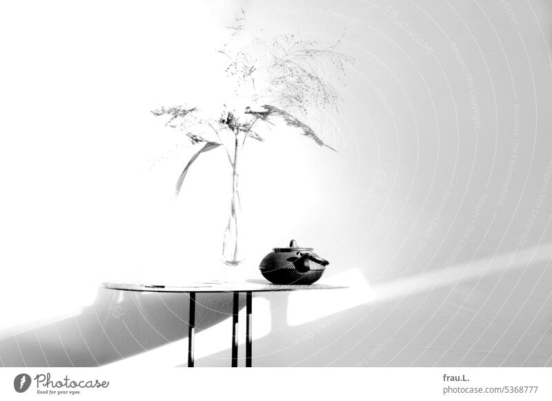 Overexposed table with teapot grasses Decoration Blossom Bouquet Vase room Flower Teapot Table RoomSunlight