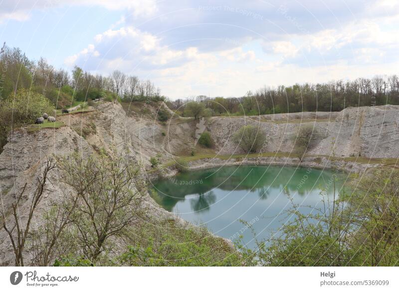 blue lime lake with reflections, former limestone quarry Lime Lake Water Landscape Nature Lakeside Quarry Nature reserve Tree shrub Sky Clouds Spring