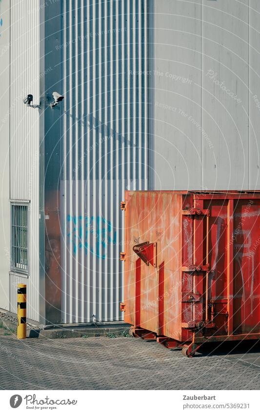 Container in front of warehouse facade, grazing light, cameras Red Facade Warehouse Industrial area Gray Streak of light Stripe Surveillance Video