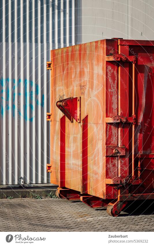 Container in front of warehouse facade, grazing light Red Facade Warehouse Industrial area Gray Streak of light Stripe Parking lot Concrete topography