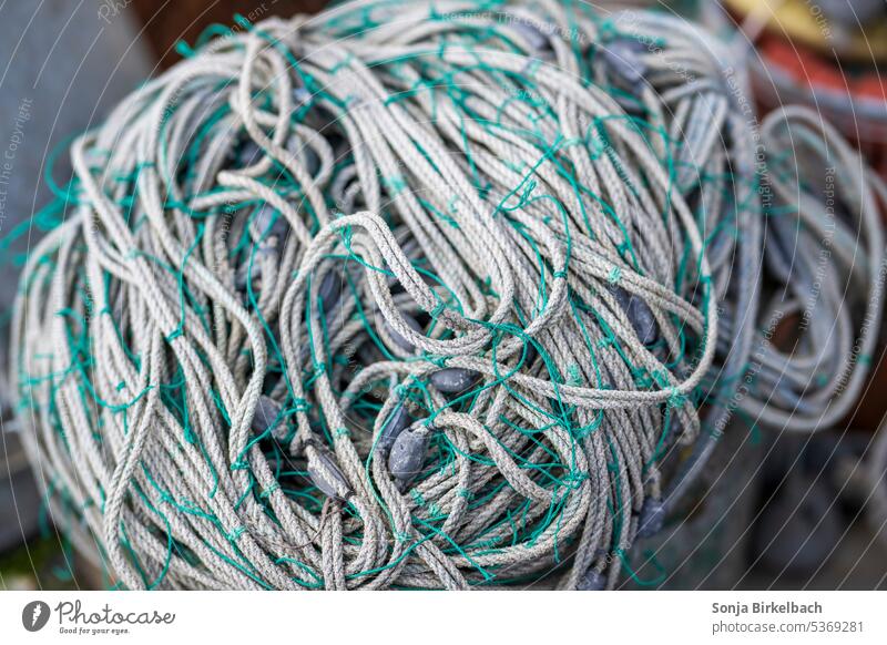 old fishing net with ropes hanging on a white wall - a Royalty Free Stock  Photo from Photocase