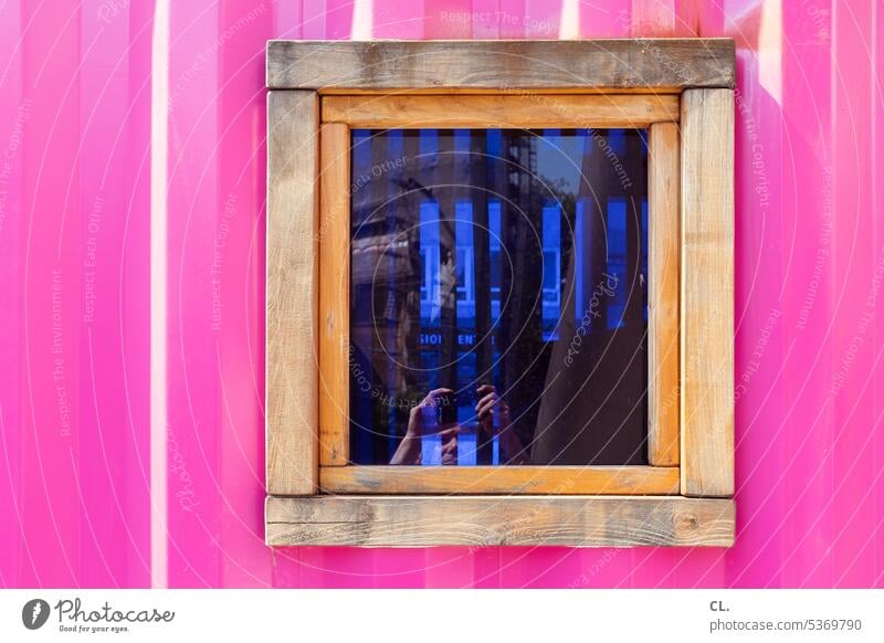 UT Bock auf Bochum | windows in container Window Take a photo Photographer Reflection Mirror image Container pink wooden frames