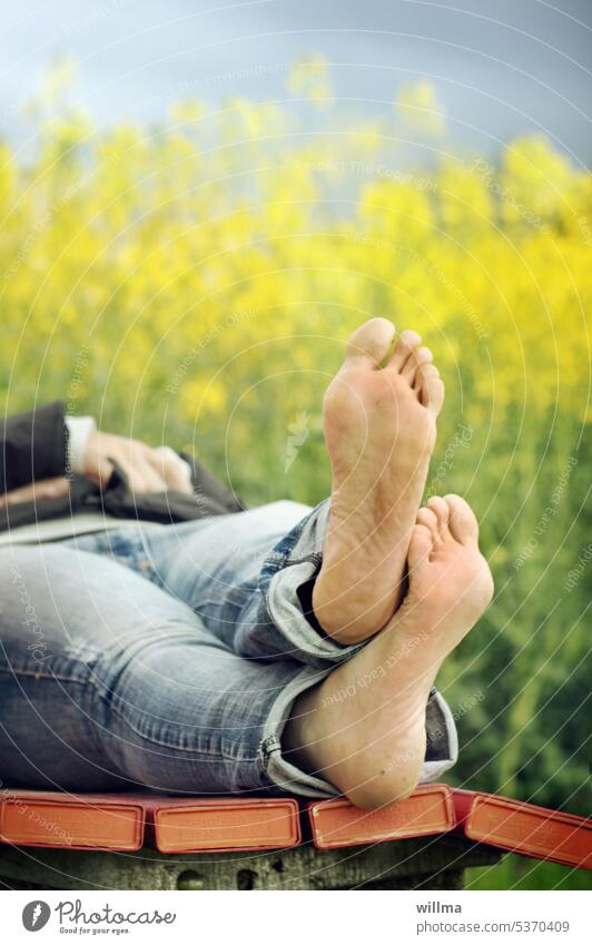 Barefoot in rapeseed intoxication feet Canola Bench Lie rest recover hiking break Spring Rape Rush Canola field jeans Rest Toes Human being