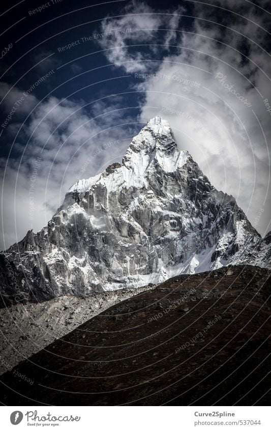 Ama Dablam Nature Landscape Elements Sky Ice Frost Snow Mountain Peak Snowcapped peak Far-off places Gigantic Infinity Strong Blue Gray Black White Enthusiasm