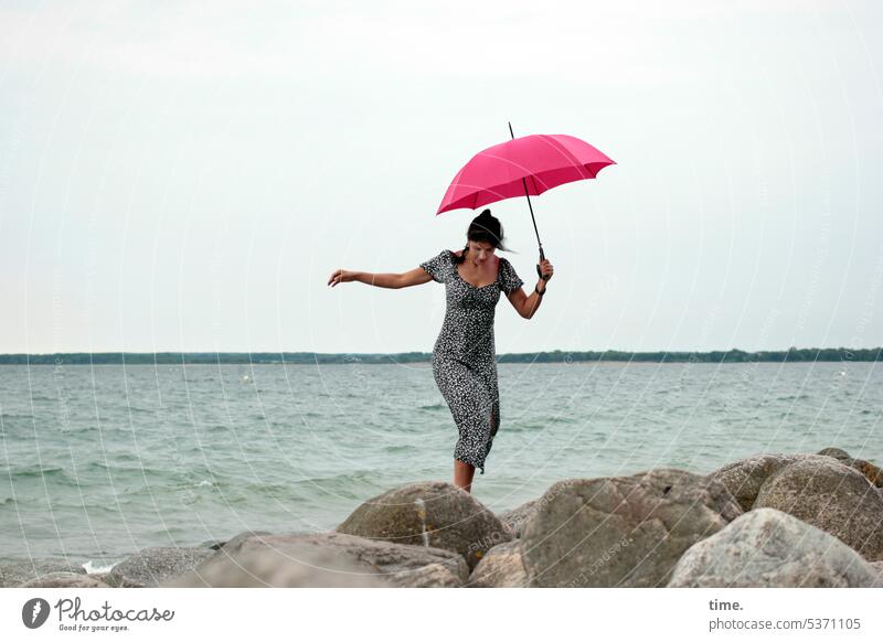 en balance Woman Umbrellas & Shades Dress Ocean Baltic Sea Waves stones Beach Water coast Sky Horizon Nature Landscape Vacation & Travel Relaxation