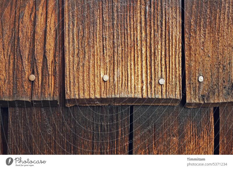 Wood on the wall Brown Nail shingles Wall cladding Colour photo Structures and shapes Deserted Detail Wood grain Wall (building) lines Shadow