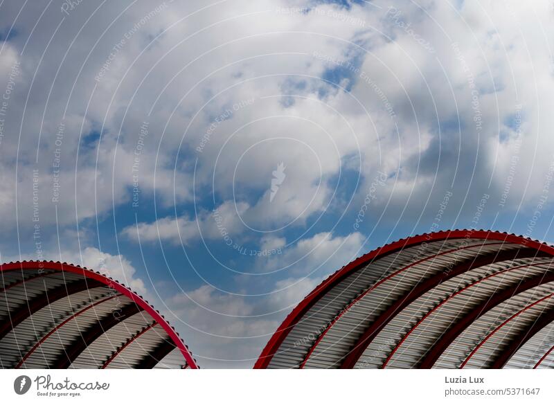 Car wash self service, roofs shining against summer sky Car wash service Roof Red White Striped Contrast Summer sky Blue Sky Clouds cloudy cloudy sky Town urban