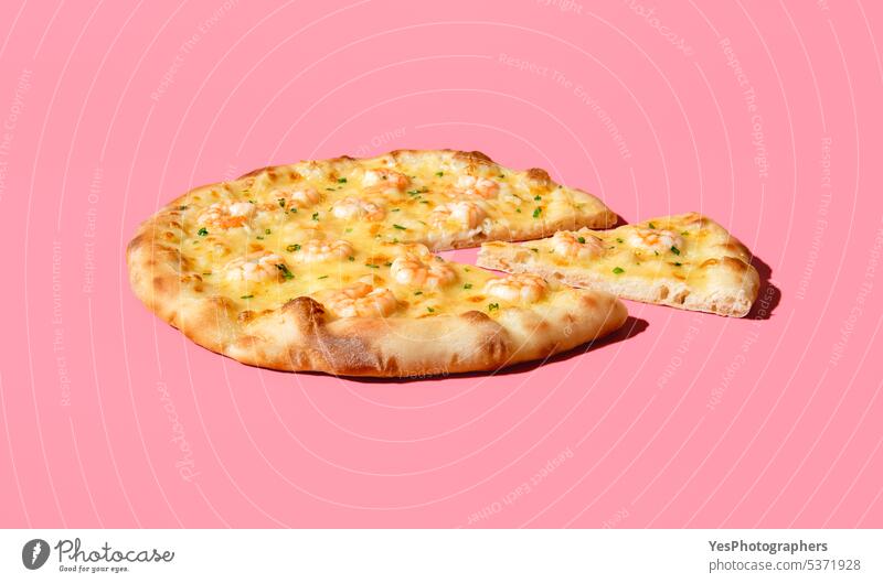 Pizza with shrimp isolated on a pink background. Homemade seafood pizza baked bright cheese close up color cooked copy space crust cuisine delicious design diet