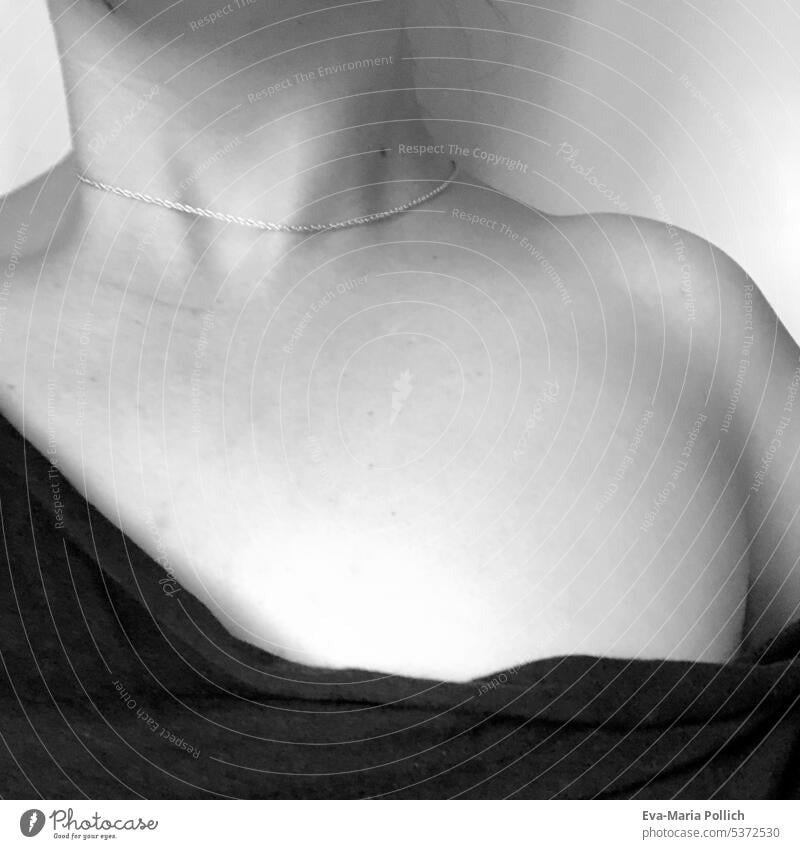Sensation - partially covered female cleavage, shoulder and neck with fine chain in gray décolleté portrait Skin Woman Black & white photo Soft pretty