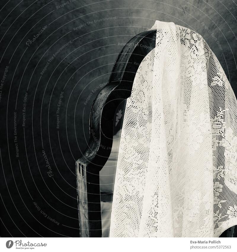 white lace veil over old wooden mirror and dark background Preparation details Detail black-and-white Gray Black Elegant Wedding Happy White Festive Chic