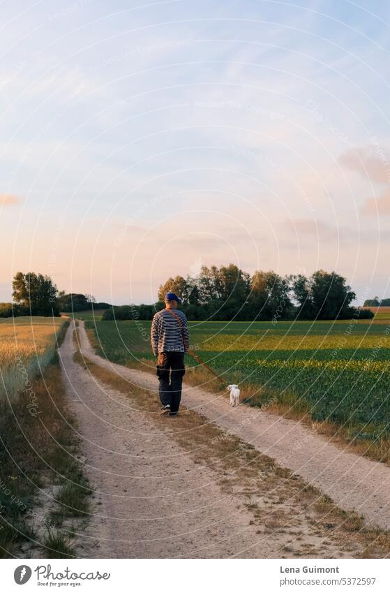 Man walking with dog Dog Allergy dog Exterior shot bichon Small acre Human being Dog lead Animal Green trees Bichon Frise