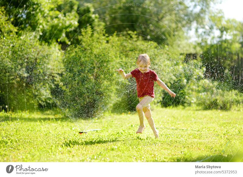 Funny little boy playing with garden sprinkler in sunny backyard. Preschooler child laughing, jumping and having fun with spray of water. happy kid activity