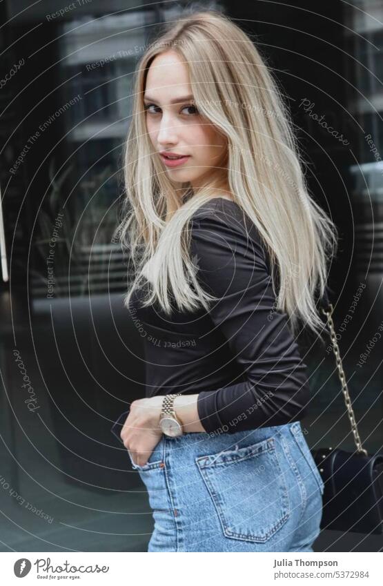Blond hair girl Girl Blonde Jeans Fashion Model pose