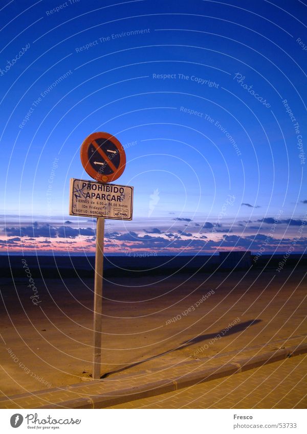 Parking Forbidden Parking sign Bans Clouds Beach Sunset Twilight Spain Coast tow Sky Sand