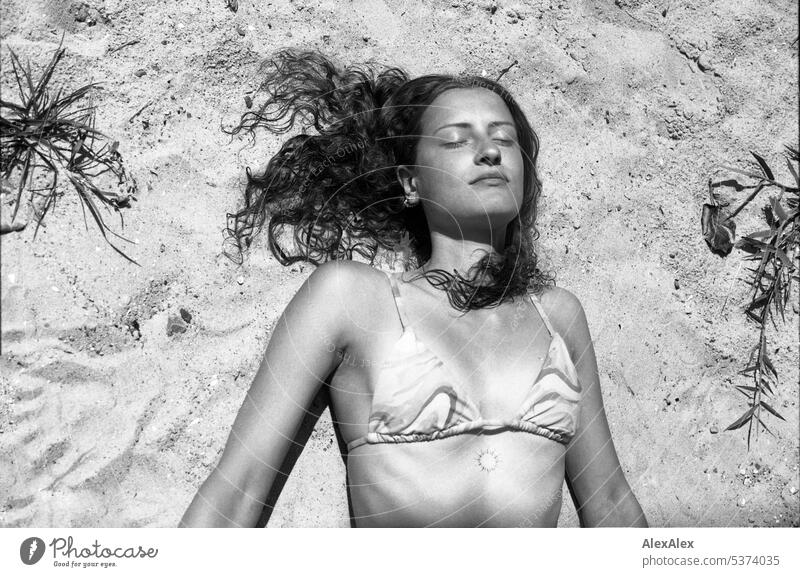 analog black and white upper body portrait of young beautiful woman on beach warm Summery Beautiful weather Day Self-confident Youthfulness Skin