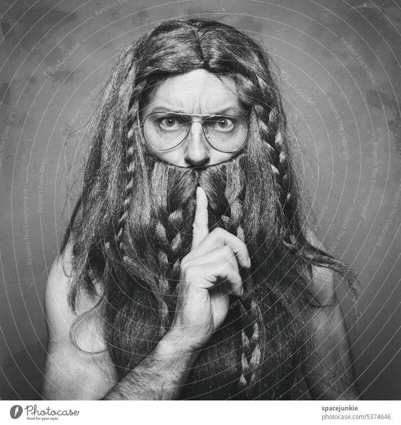 Shh! Man Wig Facial hair Hair and hairstyles Vikings Quaint Black & white photo Whimsical Funny Evil Humor portrait Crazy Strange Eyeglasses