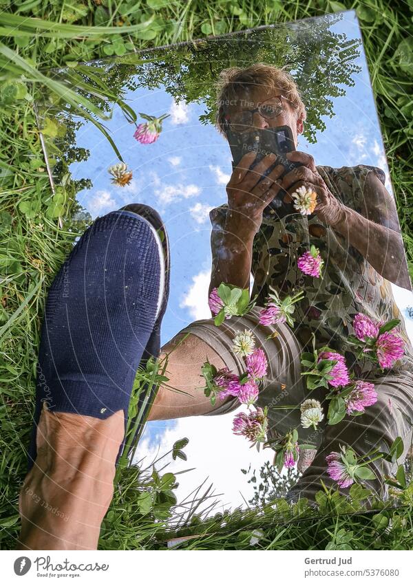 View in the mirror on the meadow Nature naturally natural light Meadow Meadow flower meadow plants Mirror reflection Mirror image portrait Self portrait