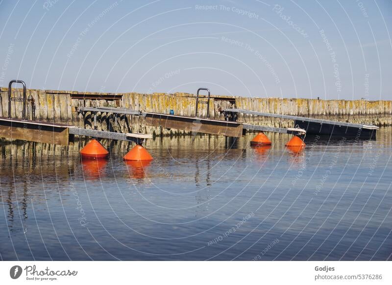 Jetty with orange buoys on calm water Footbridge Water Lake Ocean Wood planks installations Calm Summer Sky Reflection Nature Lakeside Landscape Exterior shot